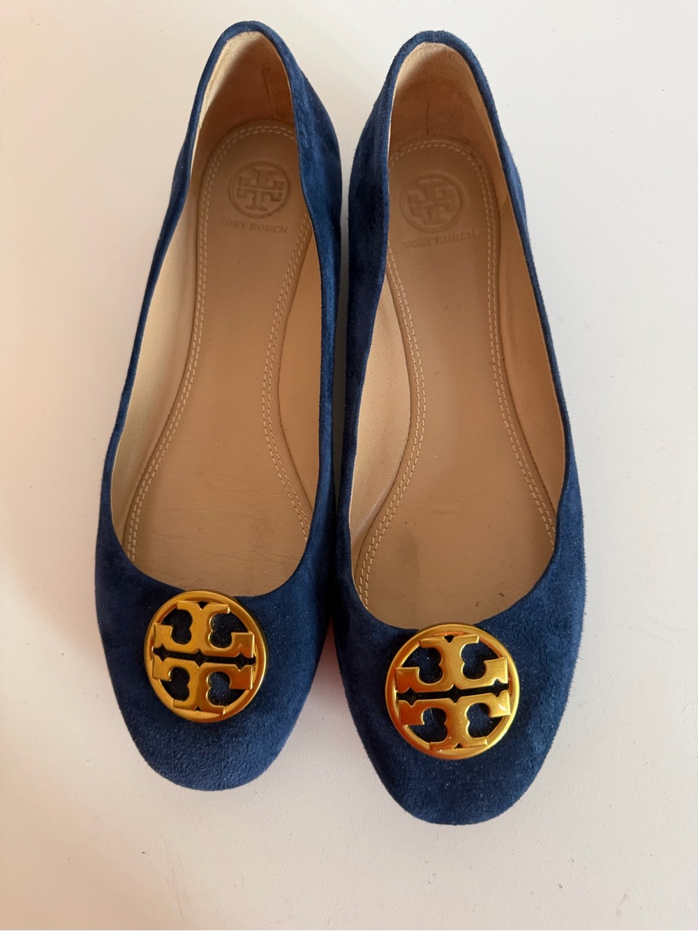 Tory Burch Navy Suede Flats with Gold Logo Medallions